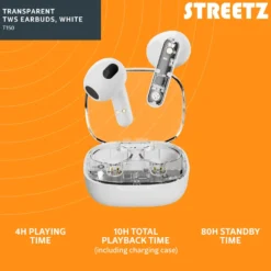 TWS-hörlurar Streetz T150, Bluetooth 5.2, transparent vit