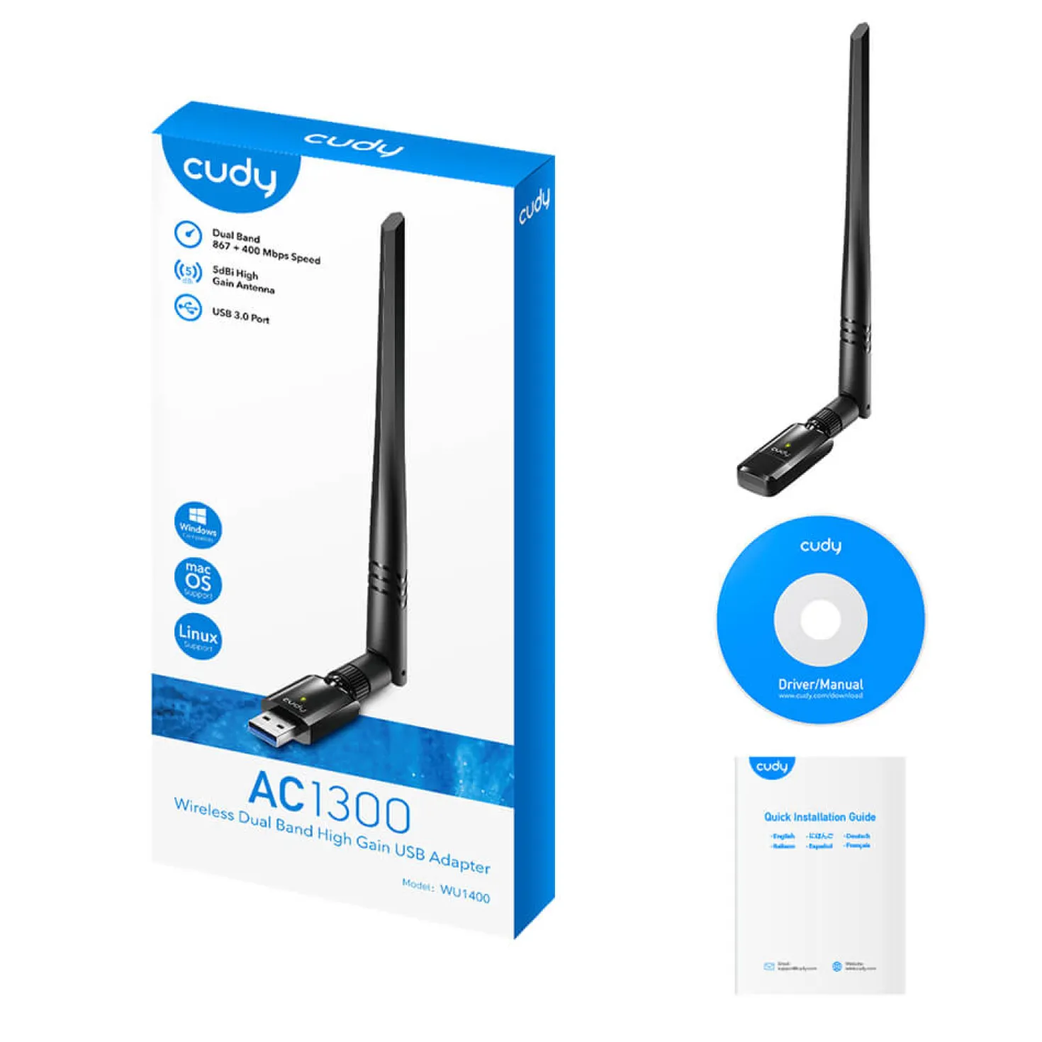 USB WiFi-adapter CUDY WU1400 AC1300, dubbelband, USB 3.0