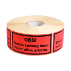 Varningsetikett BNT Office OBS Denna kartong, röd, 1000 st per rulle